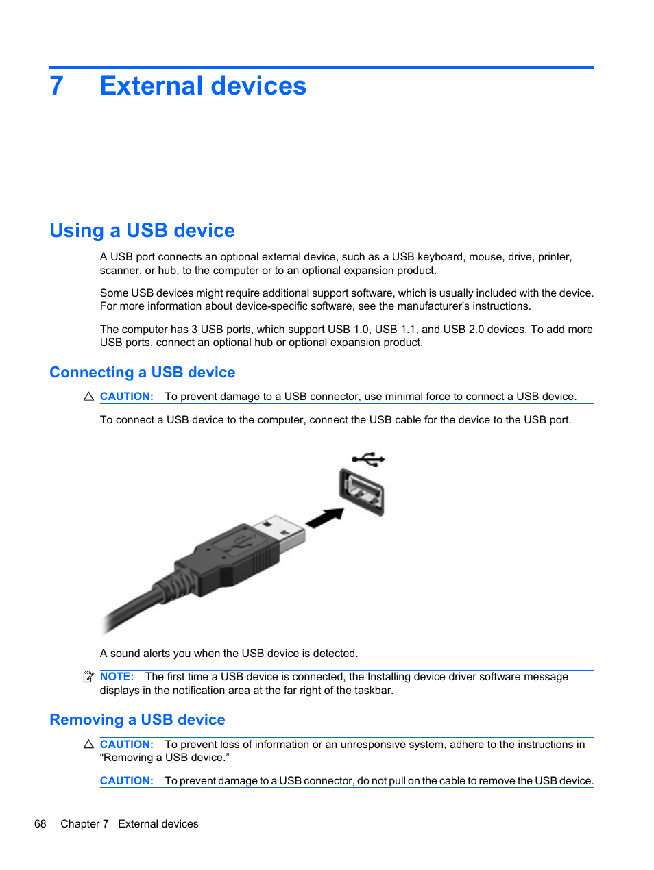 External devices, Using a usb device, Connecting a usb device | Removing a usb device, 7 external devices, Connecting a usb device removing a usb device, 7external devices | HP Pavilion dv7-4297cl Entertainment Notebook PC User Manual | Page 78 / 121