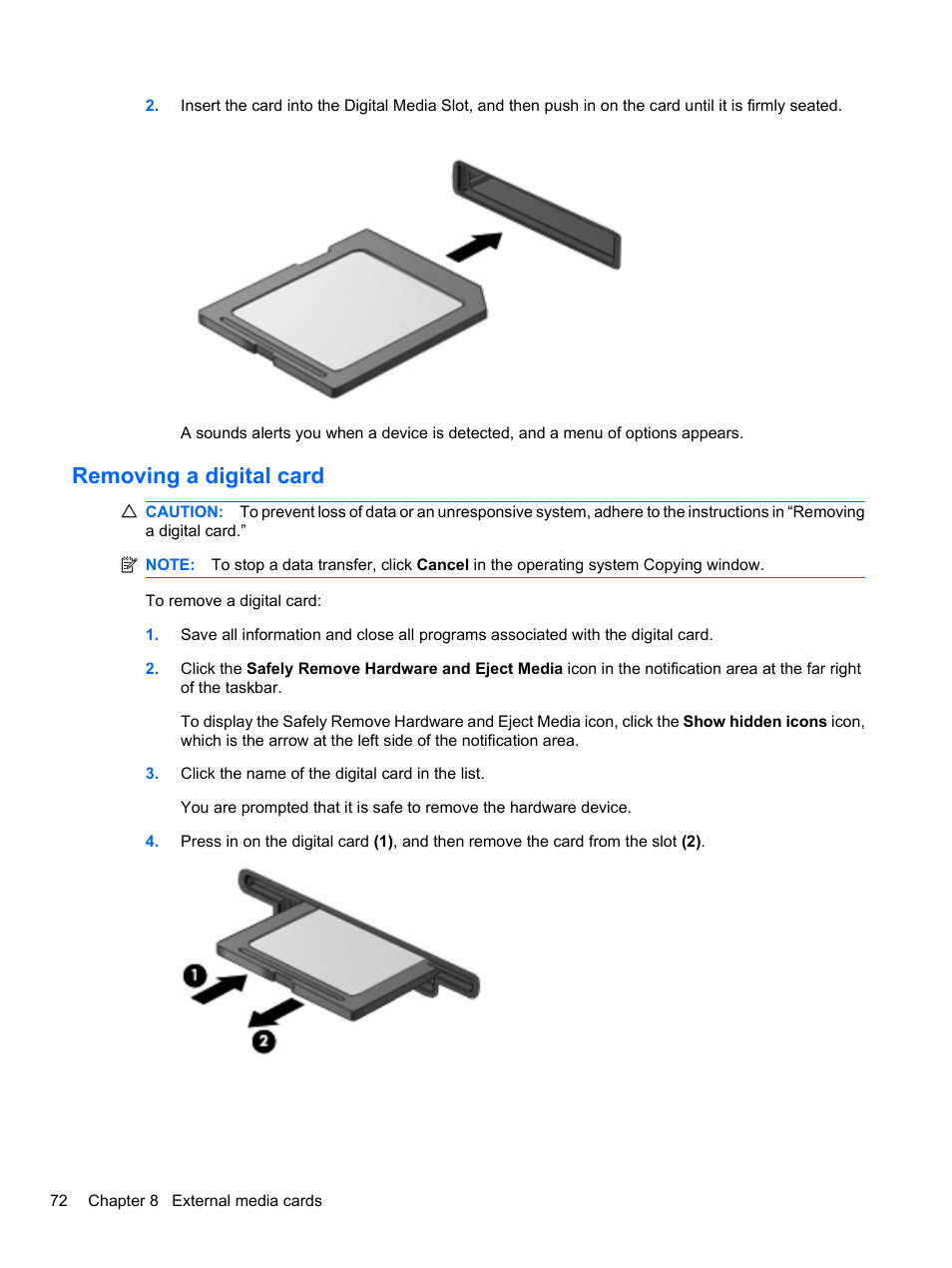 Removing a digital card | HP Pavilion dv7-4297cl Entertainment Notebook PC User Manual | Page 82 / 121