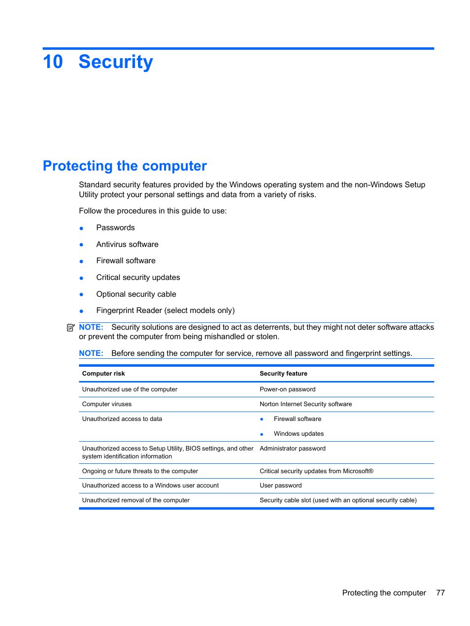 Security, Protecting the computer, 10 security | HP Pavilion dv7-4297cl Entertainment Notebook PC User Manual | Page 87 / 121