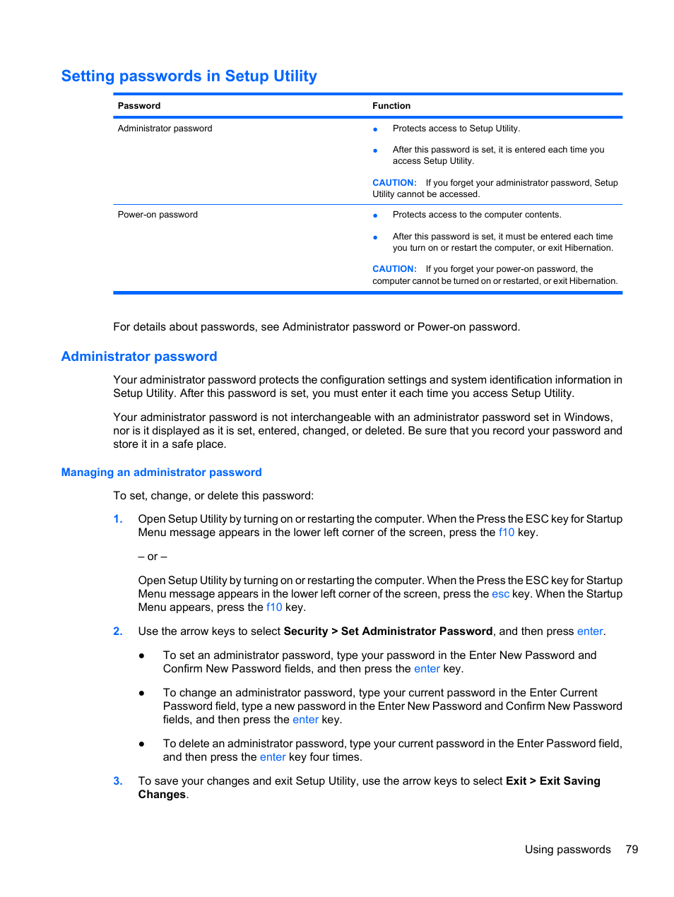 Setting passwords in setup utility, Administrator password, Managing an administrator password | HP Pavilion dv7-4297cl Entertainment Notebook PC User Manual | Page 89 / 121