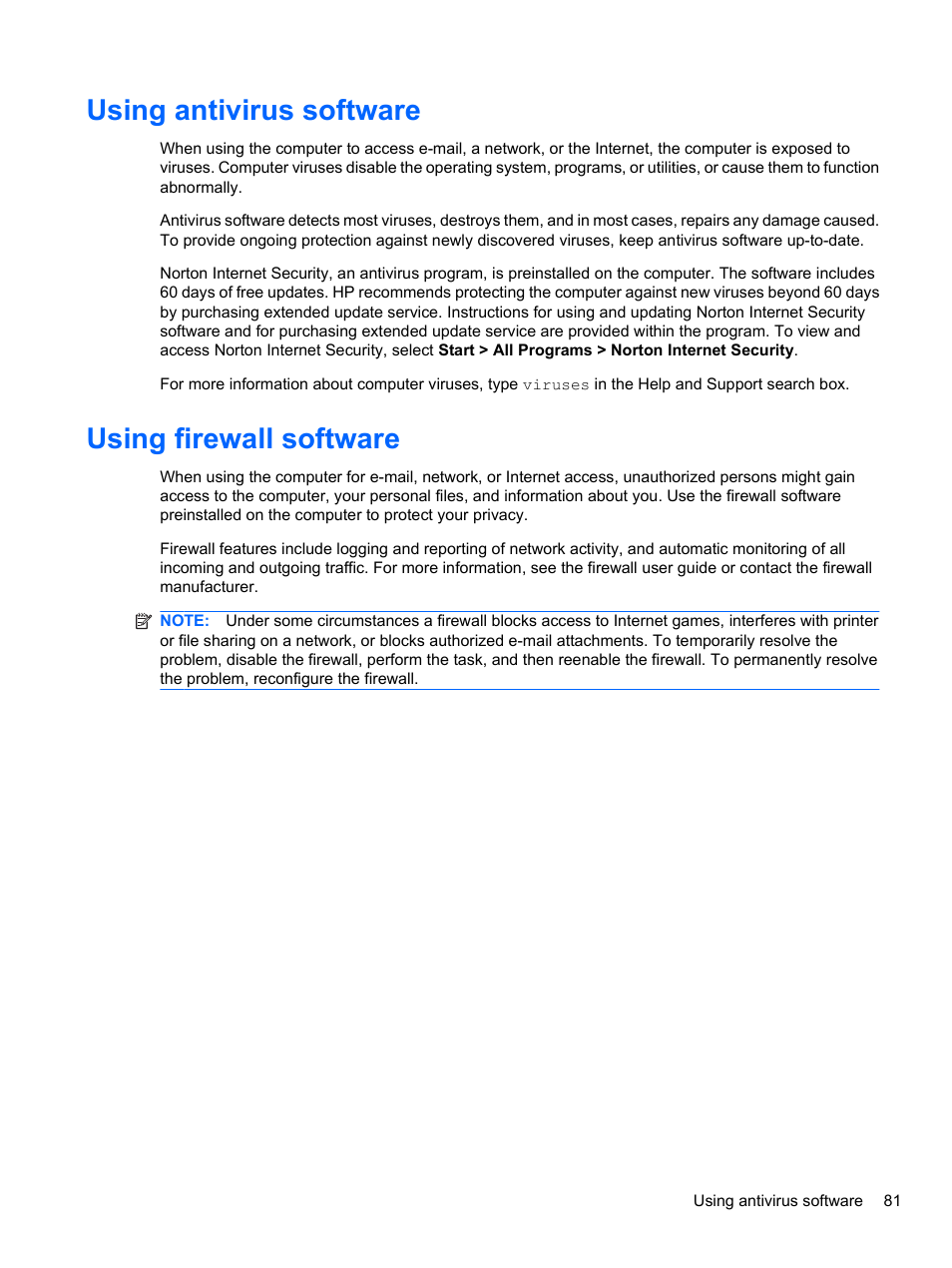 Using antivirus software, Using firewall software, Using antivirus software using firewall software | HP Pavilion dv7-4297cl Entertainment Notebook PC User Manual | Page 91 / 121