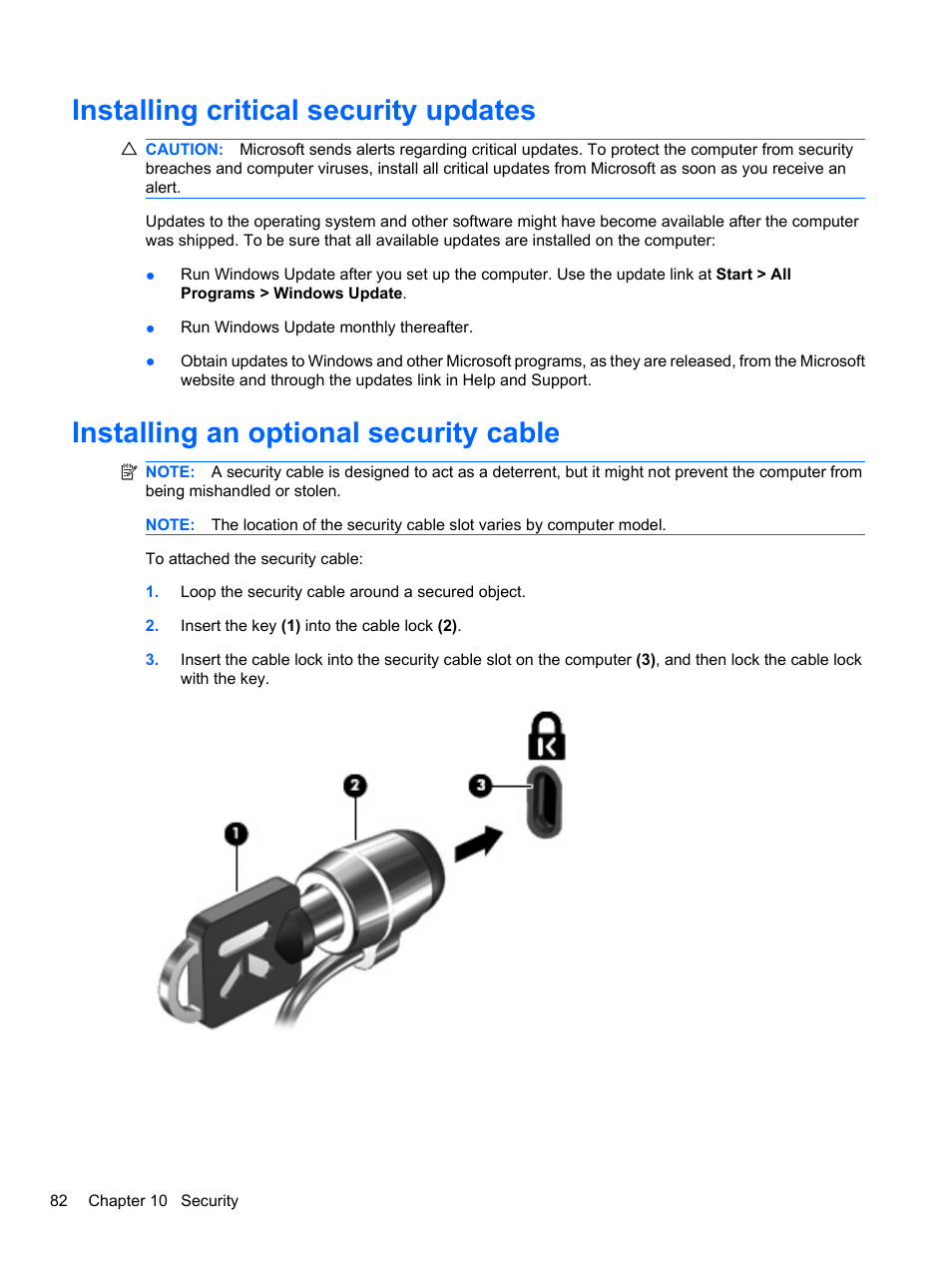 Installing critical security updates, Installing an optional security cable | HP Pavilion dv7-4297cl Entertainment Notebook PC User Manual | Page 92 / 121
