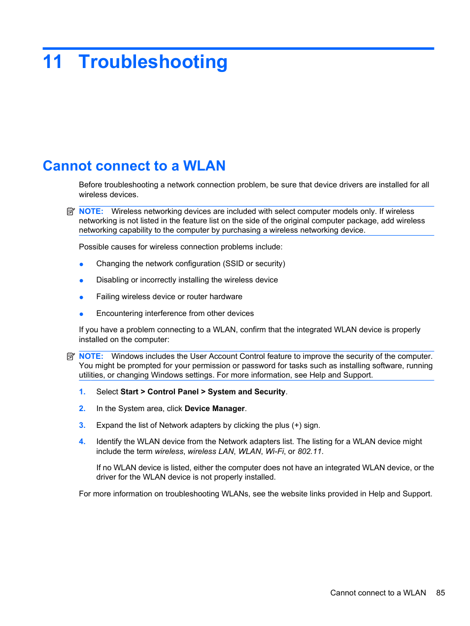 Troubleshooting, Cannot connect to a wlan, 11 troubleshooting | HP Pavilion dv7-4297cl Entertainment Notebook PC User Manual | Page 95 / 121