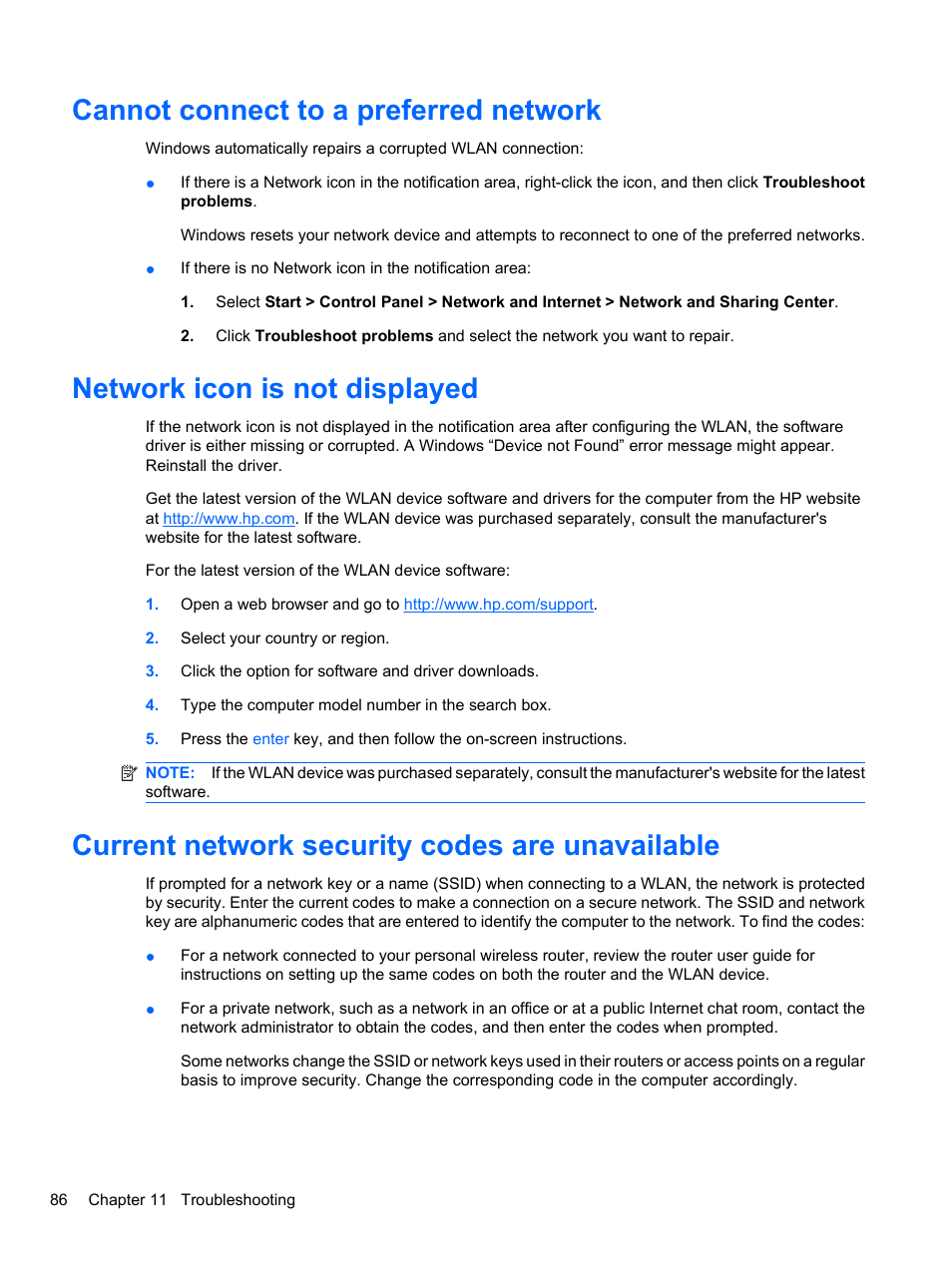 Cannot connect to a preferred network, Network icon is not displayed, Current network security codes are unavailable | HP Pavilion dv7-4297cl Entertainment Notebook PC User Manual | Page 96 / 121