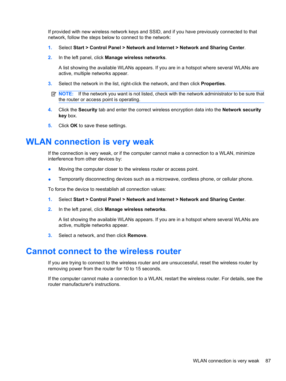 Wlan connection is very weak, Cannot connect to the wireless router | HP Pavilion dv7-4297cl Entertainment Notebook PC User Manual | Page 97 / 121