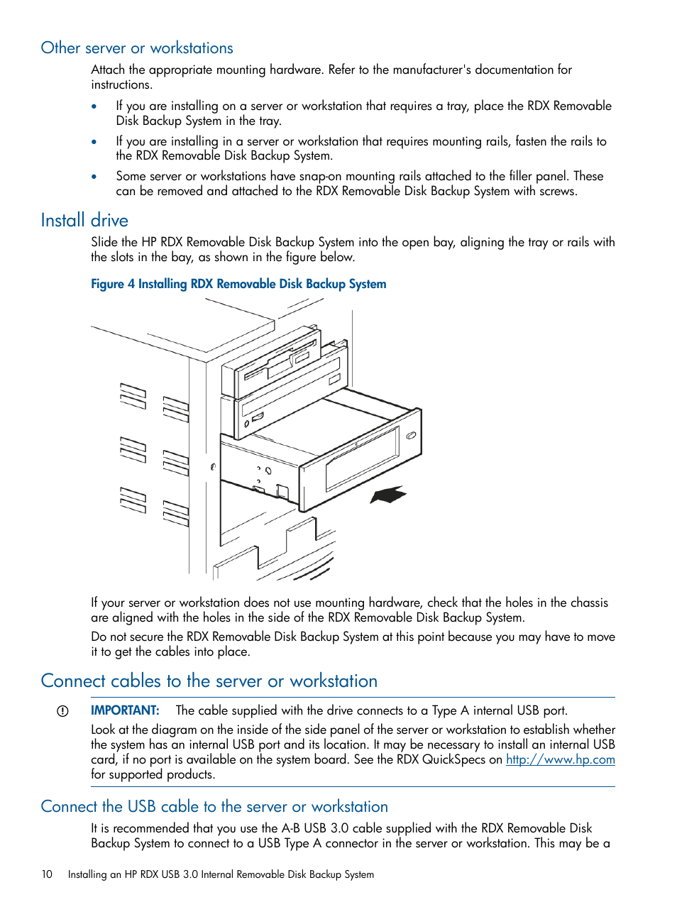 Other server or workstations, Install drive, Connect cables to the server or workstation | Connect the usb cable to the server or workstation | HP RDX Removable Disk Backup System User Manual | Page 10 / 31