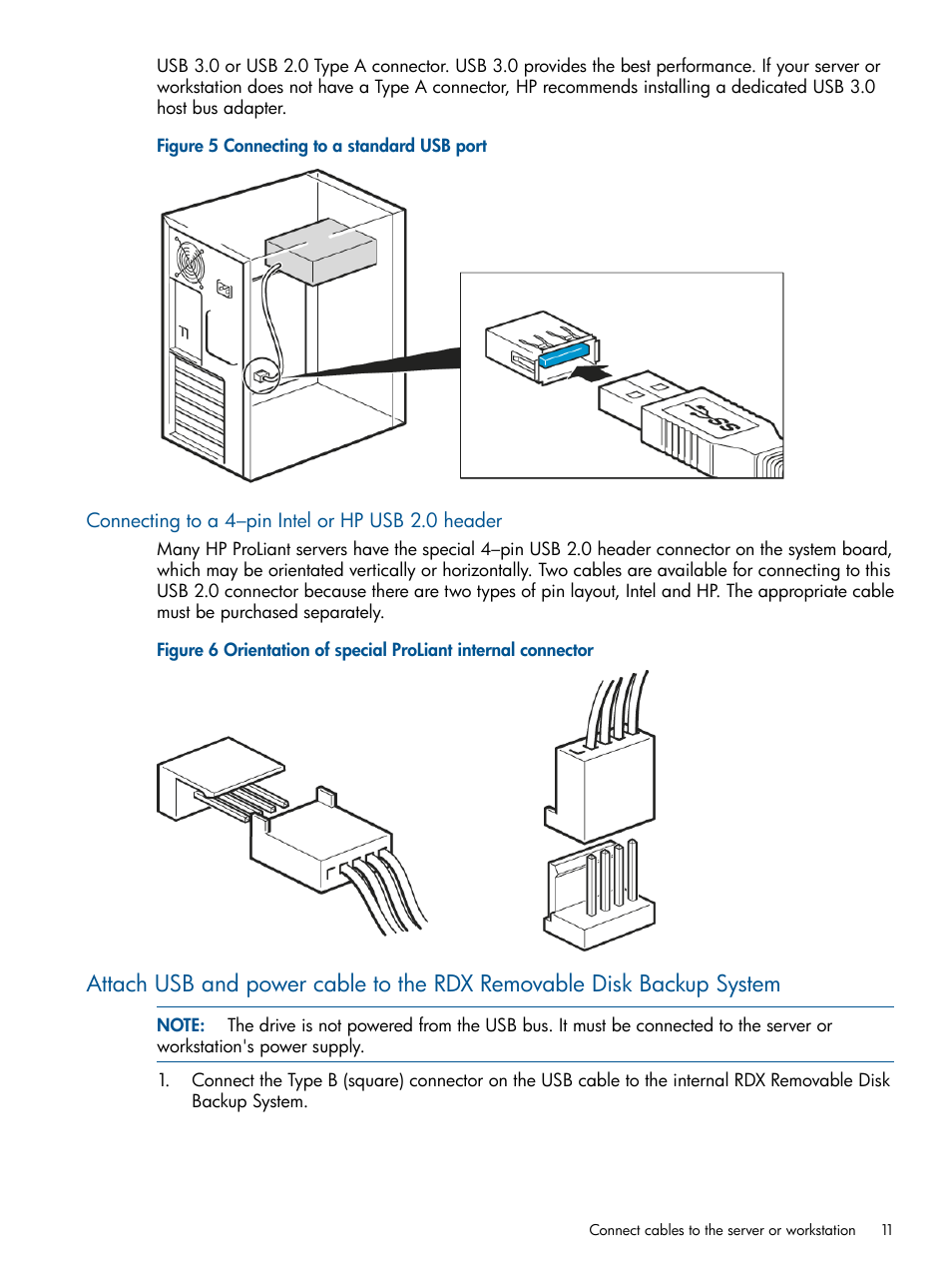 Connecting to a 4–pin intel or hp usb 2.0 header | HP RDX Removable Disk Backup System User Manual | Page 11 / 31