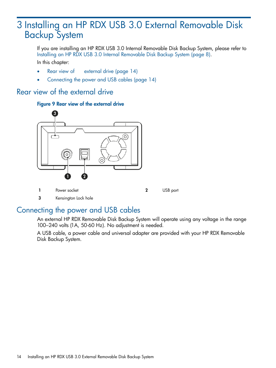 Rear view of the external drive, Connecting the power and usb cables | HP RDX Removable Disk Backup System User Manual | Page 14 / 31