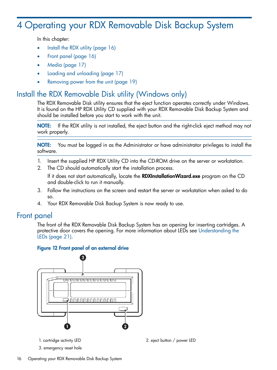 4 operating your rdx removable disk backup system, Front panel | HP RDX Removable Disk Backup System User Manual | Page 16 / 31