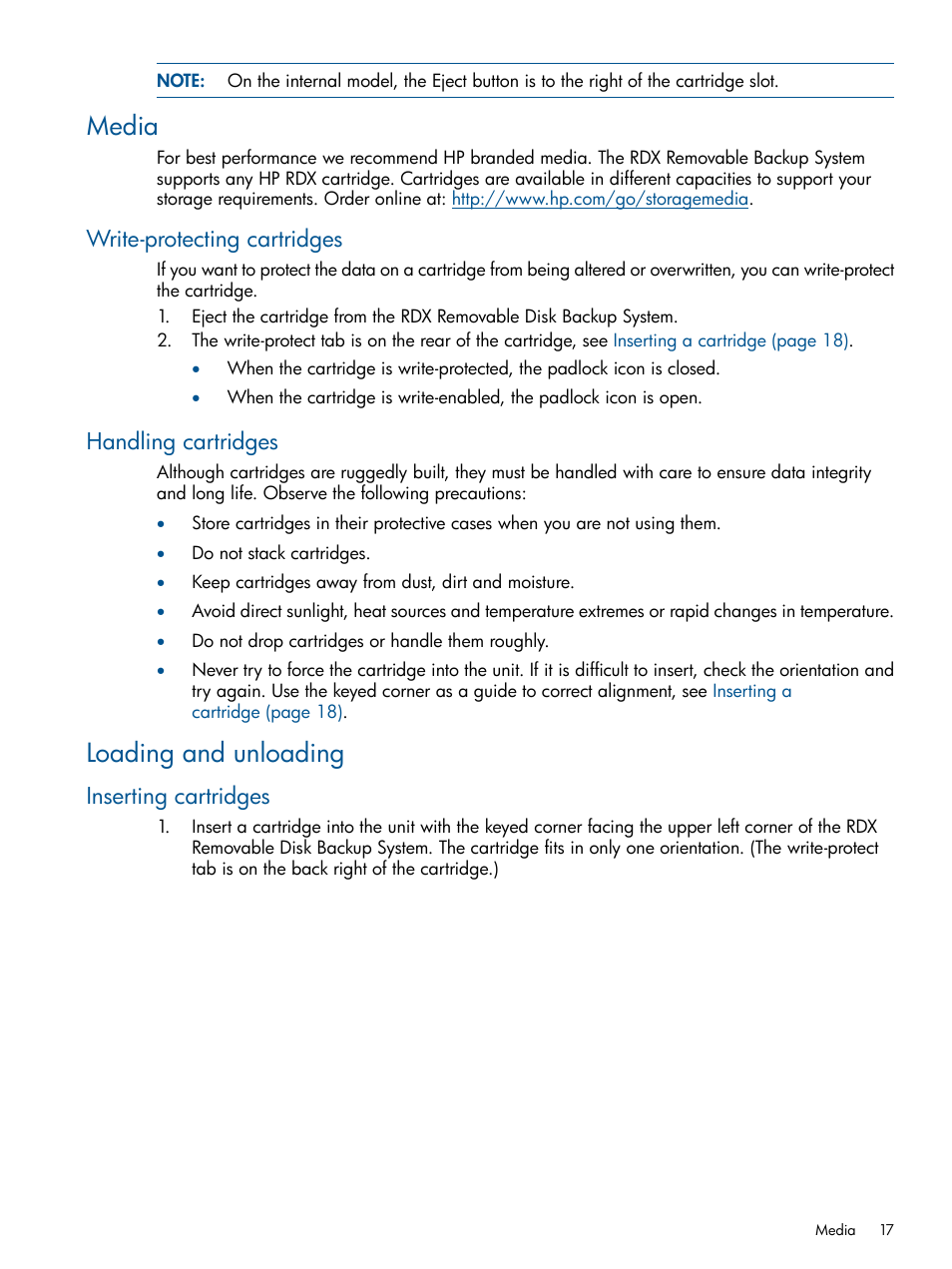 Media, Write-protecting cartridges, Handling cartridges | Loading and unloading, Inserting cartridges, Write-protecting cartridges handling cartridges | HP RDX Removable Disk Backup System User Manual | Page 17 / 31