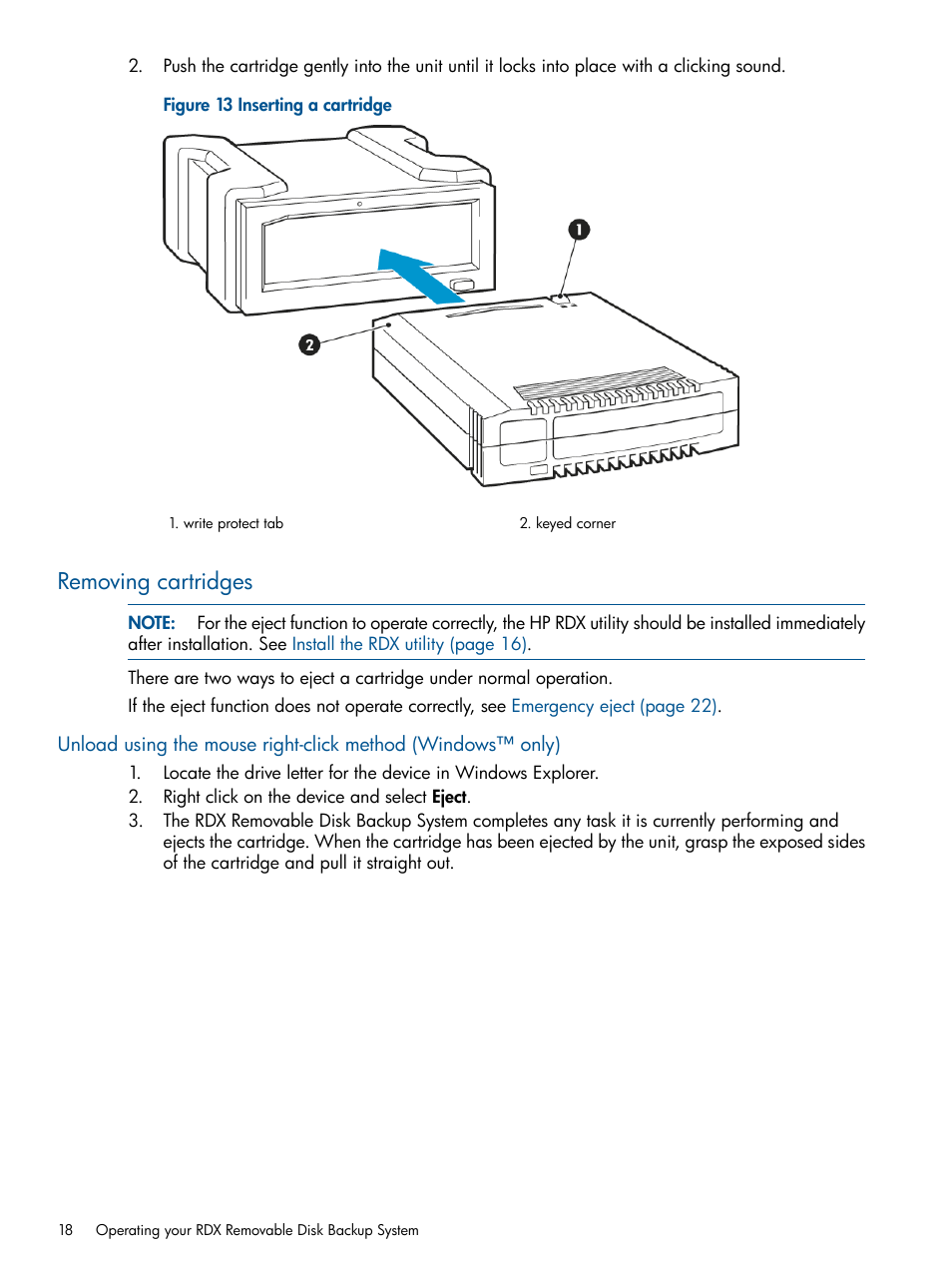 Removing cartridges | HP RDX Removable Disk Backup System User Manual | Page 18 / 31