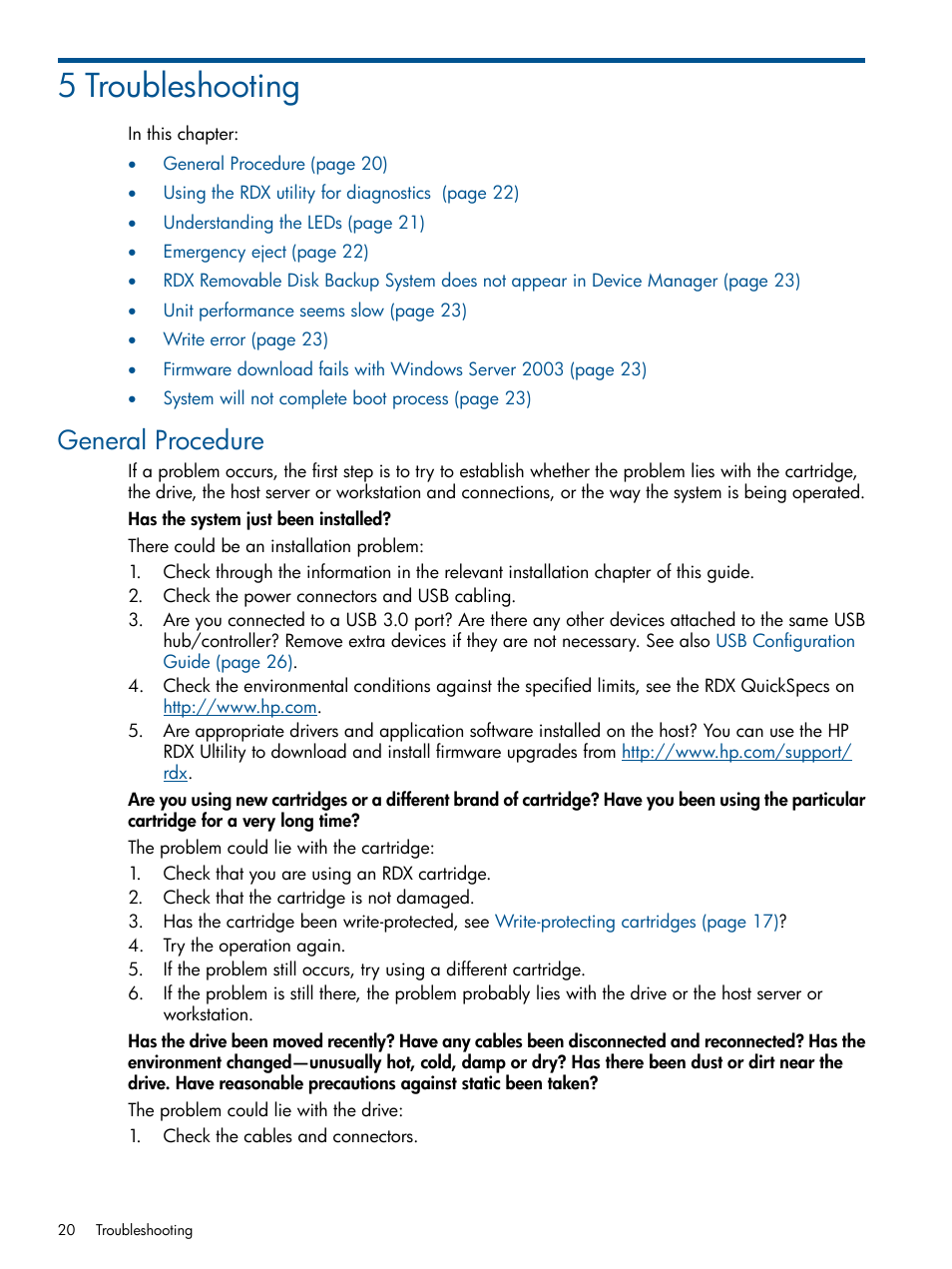 5 troubleshooting, General procedure | HP RDX Removable Disk Backup System User Manual | Page 20 / 31