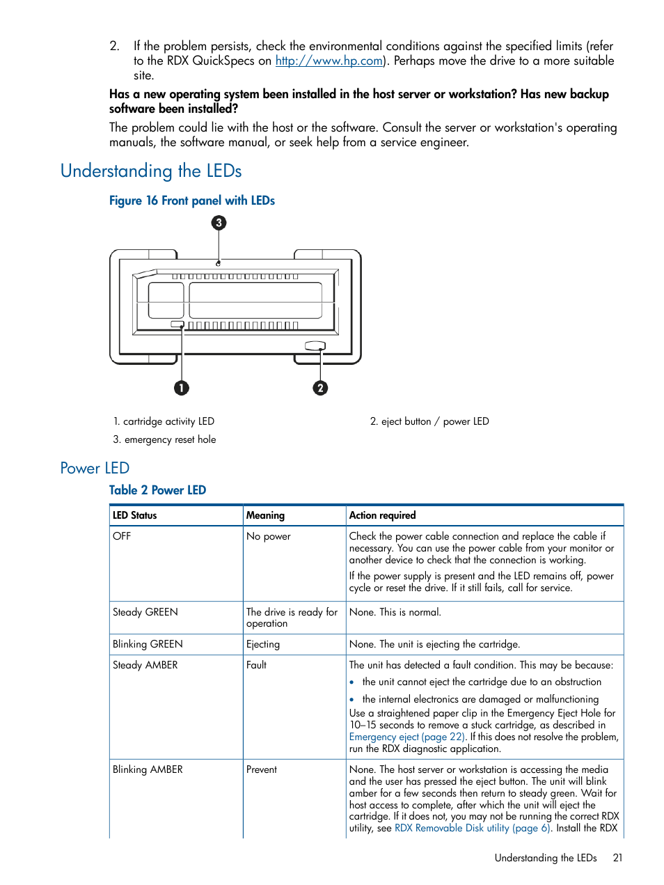 Understanding the leds, Power led, Understanding the | HP RDX Removable Disk Backup System User Manual | Page 21 / 31