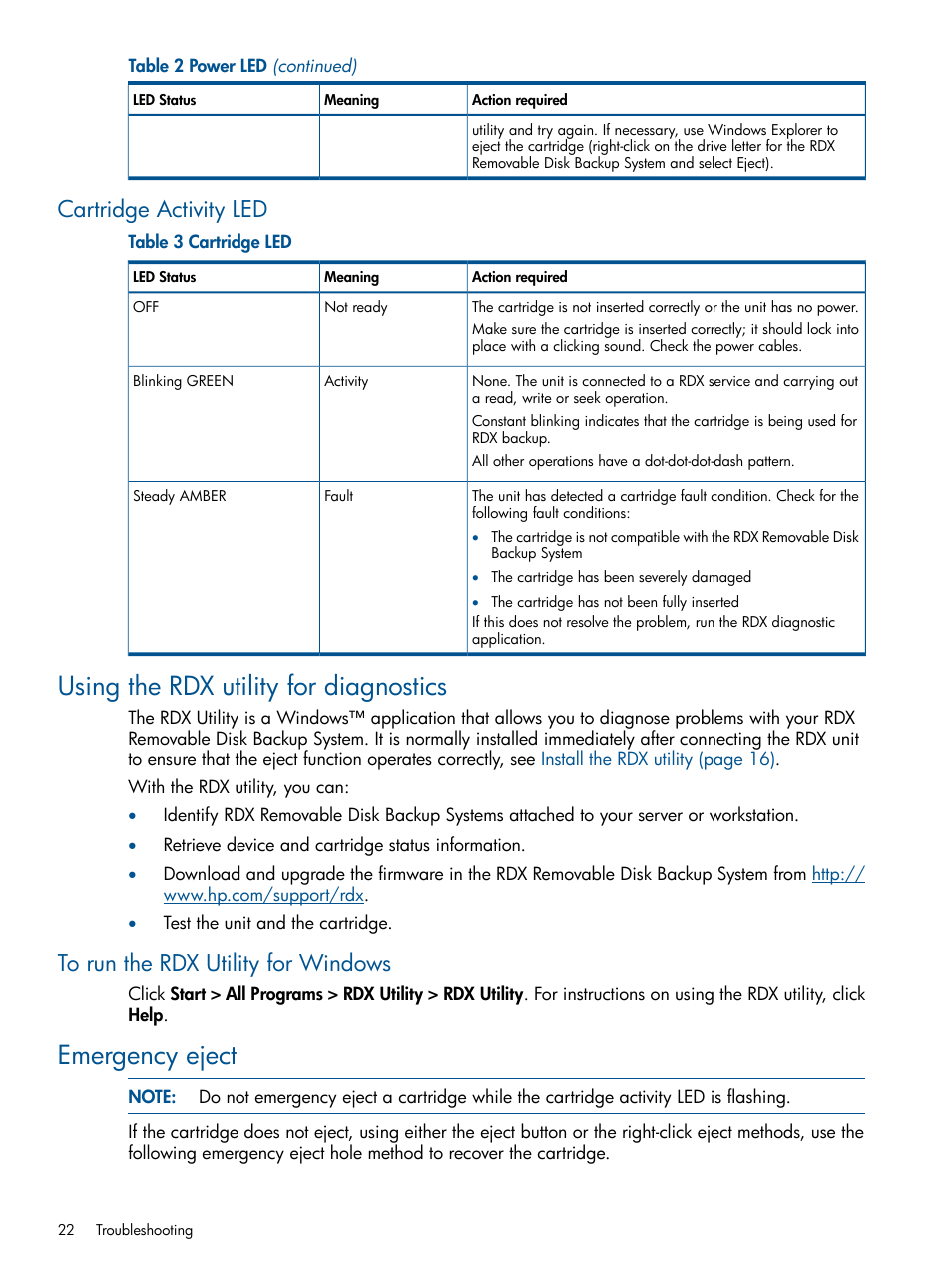 Cartridge activity led, Using the rdx utility for diagnostics, To run the rdx utility for windows | Emergency eject | HP RDX Removable Disk Backup System User Manual | Page 22 / 31