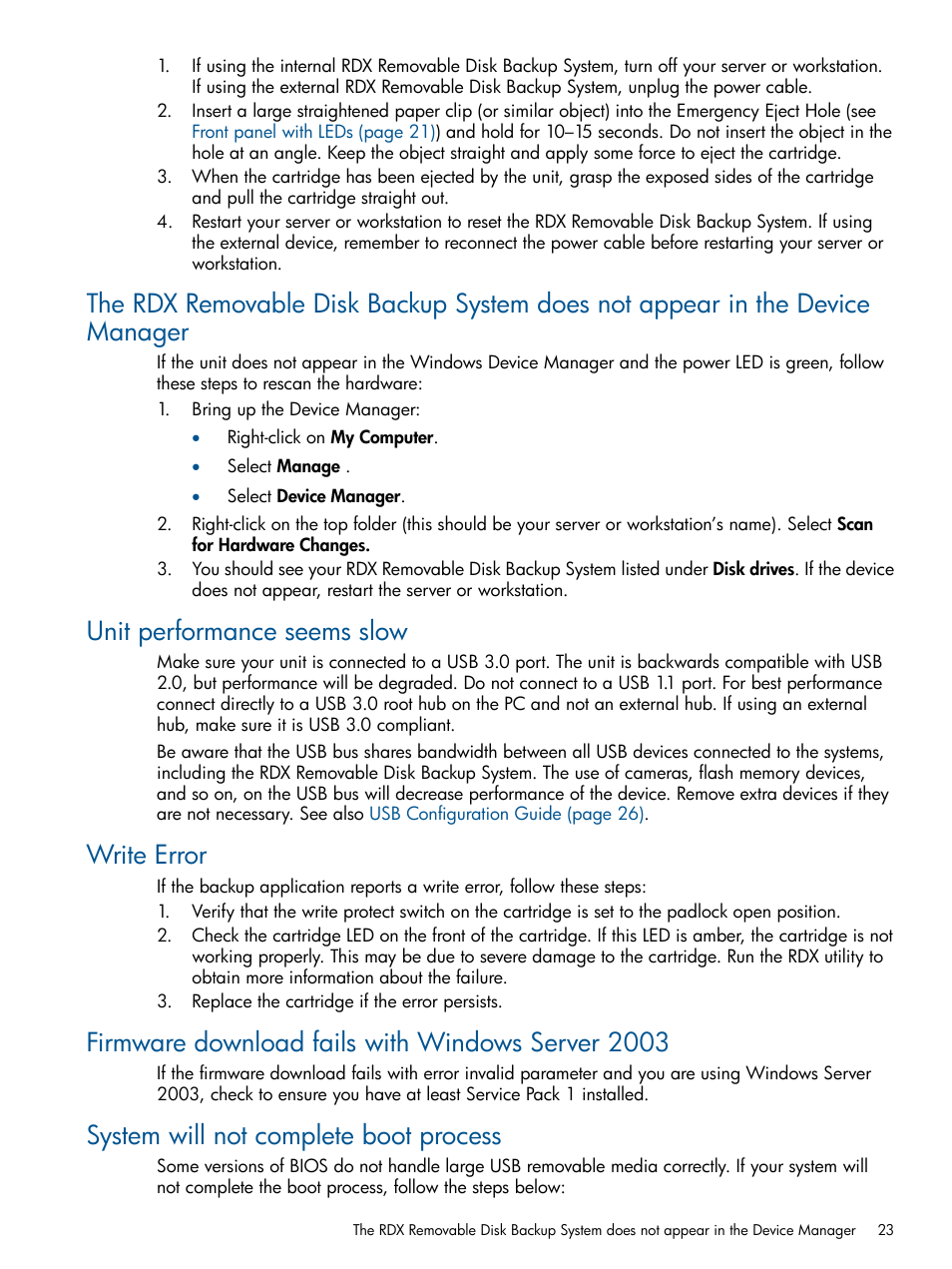 Unit performance seems slow, Write error, Firmware download fails with windows server 2003 | System will not complete boot process | HP RDX Removable Disk Backup System User Manual | Page 23 / 31