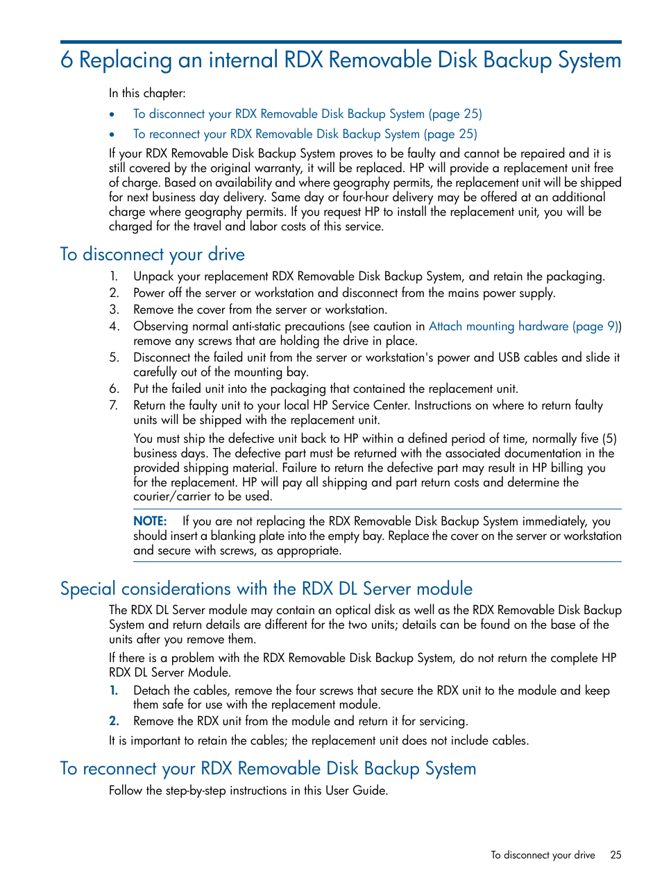 To disconnect your drive, To reconnect your rdx removable disk backup system | HP RDX Removable Disk Backup System User Manual | Page 25 / 31