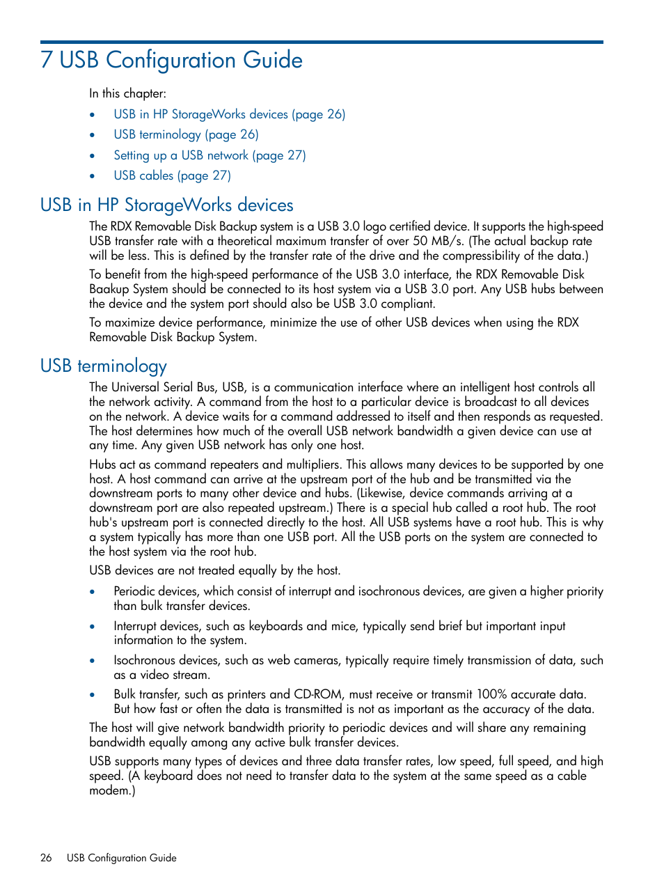 7 usb configuration guide, Usb in hp storageworks devices, Usb terminology | Usb in hp storageworks devices usb terminology, Usb configuration | HP RDX Removable Disk Backup System User Manual | Page 26 / 31