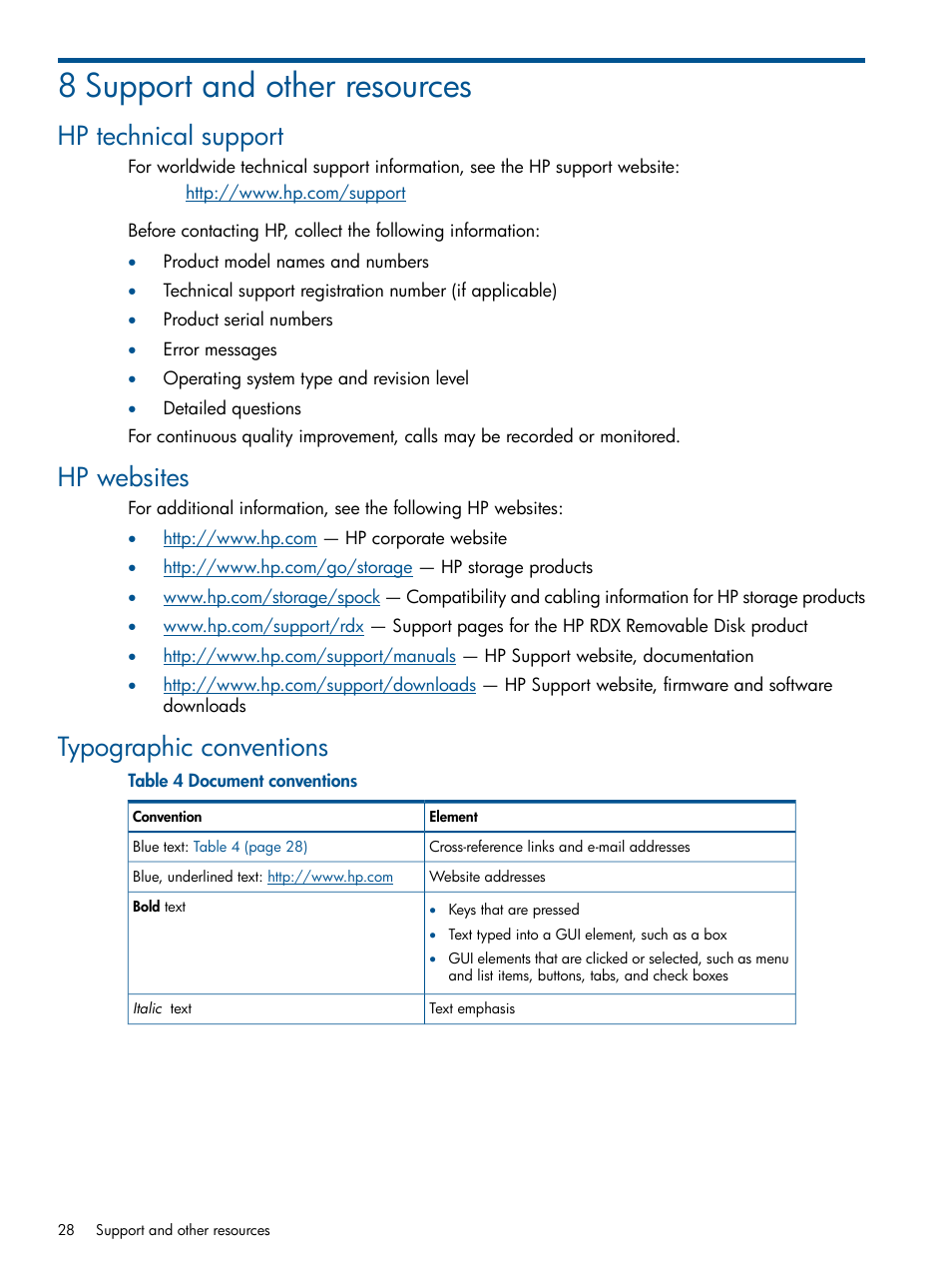 8 support and other resources, Hp technical support, Hp websites | Typographic conventions | HP RDX Removable Disk Backup System User Manual | Page 28 / 31