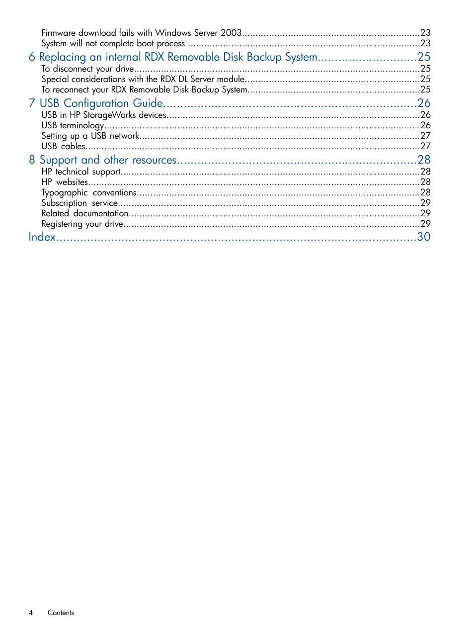 7 usb configuration guide, 8 support and other resources, Index | HP RDX Removable Disk Backup System User Manual | Page 4 / 31