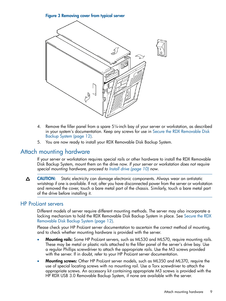 Attach mounting hardware, Hp proliant servers | HP RDX Removable Disk Backup System User Manual | Page 9 / 31