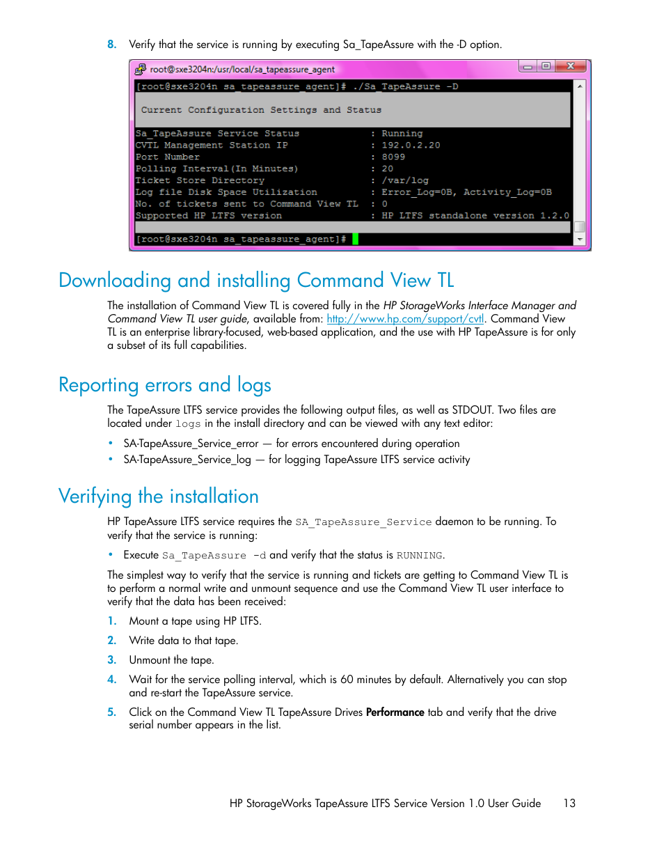 Downloading and installing command view tl, Reporting errors and logs, Verifying the installation | 13 reporting errors and logs, 13 verifying the installation | HP Linear Tape File System Software User Manual | Page 13 / 36