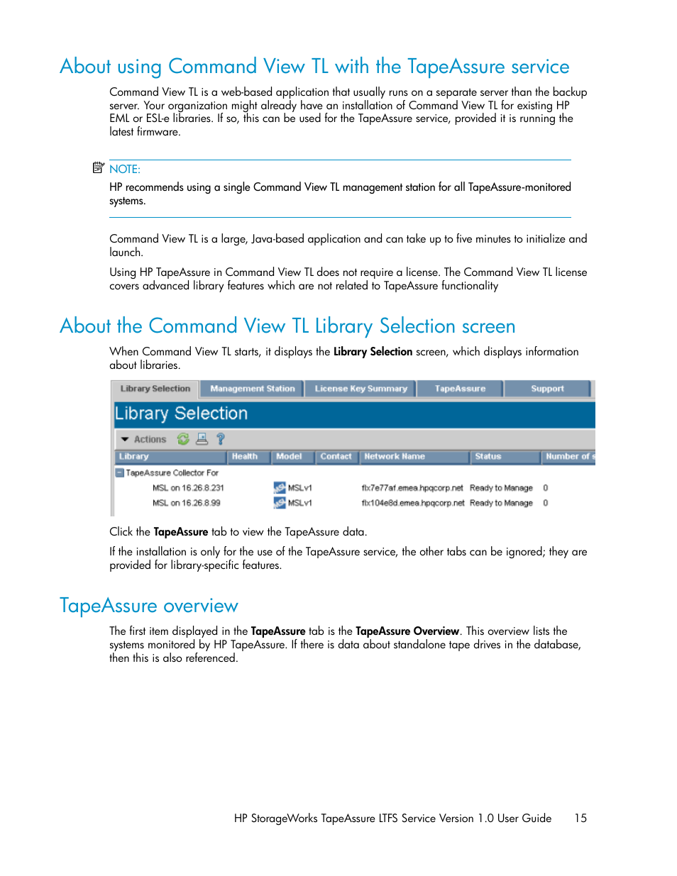 About the command view tl library selection screen, Tapeassure overview, 15 tapeassure overview | HP Linear Tape File System Software User Manual | Page 15 / 36