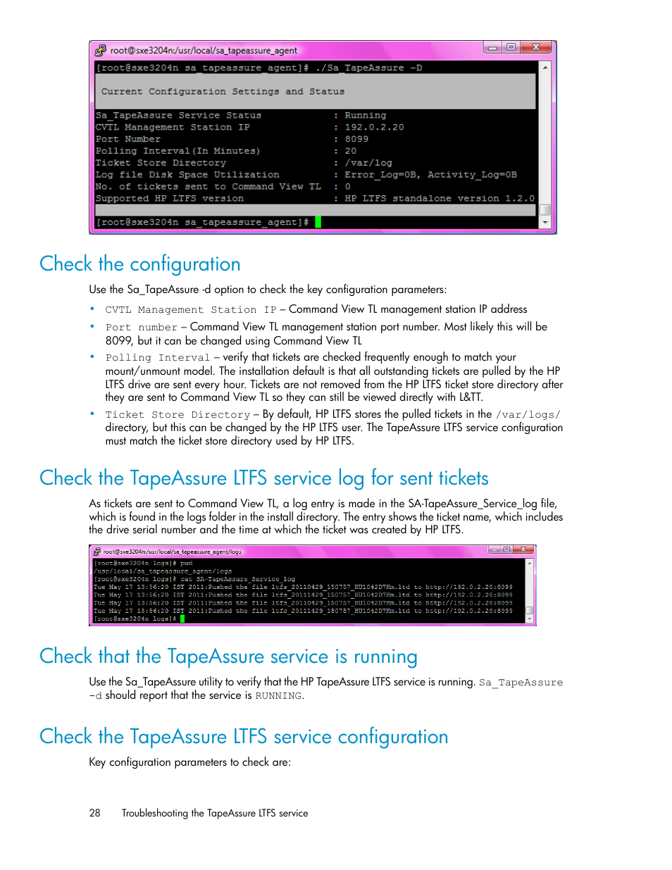 Check the configuration, Check that the tapeassure service is running, Check the tapeassure ltfs service configuration | 28 check that the tapeassure service is running, 28 check the tapeassure ltfs service configuration | HP Linear Tape File System Software User Manual | Page 28 / 36