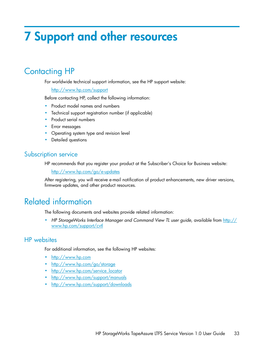 7 support and other resources, Contacting hp, Subscription service | Related information, Hp websites | HP Linear Tape File System Software User Manual | Page 33 / 36