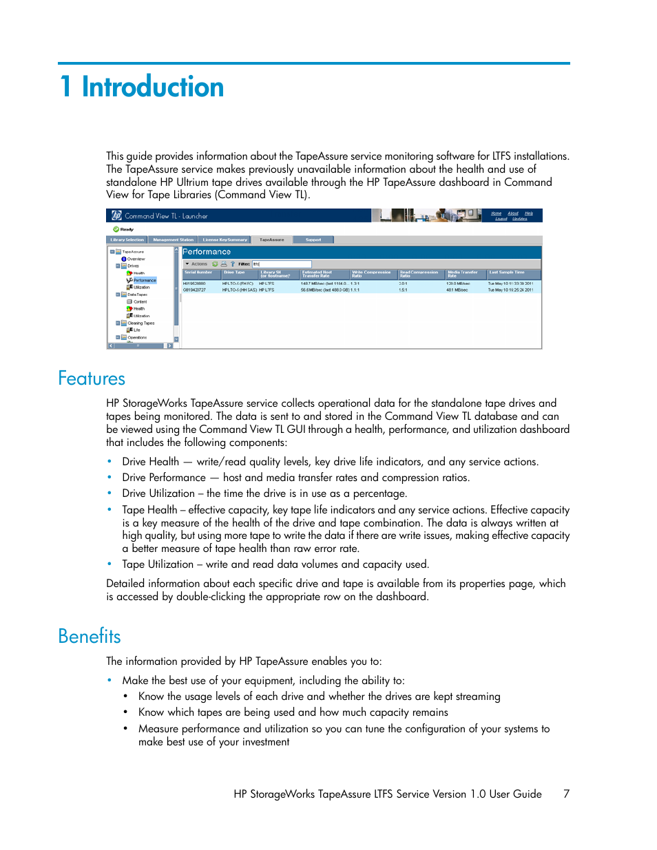 1 introduction, Features, Benefits | 7 benefits | HP Linear Tape File System Software User Manual | Page 7 / 36