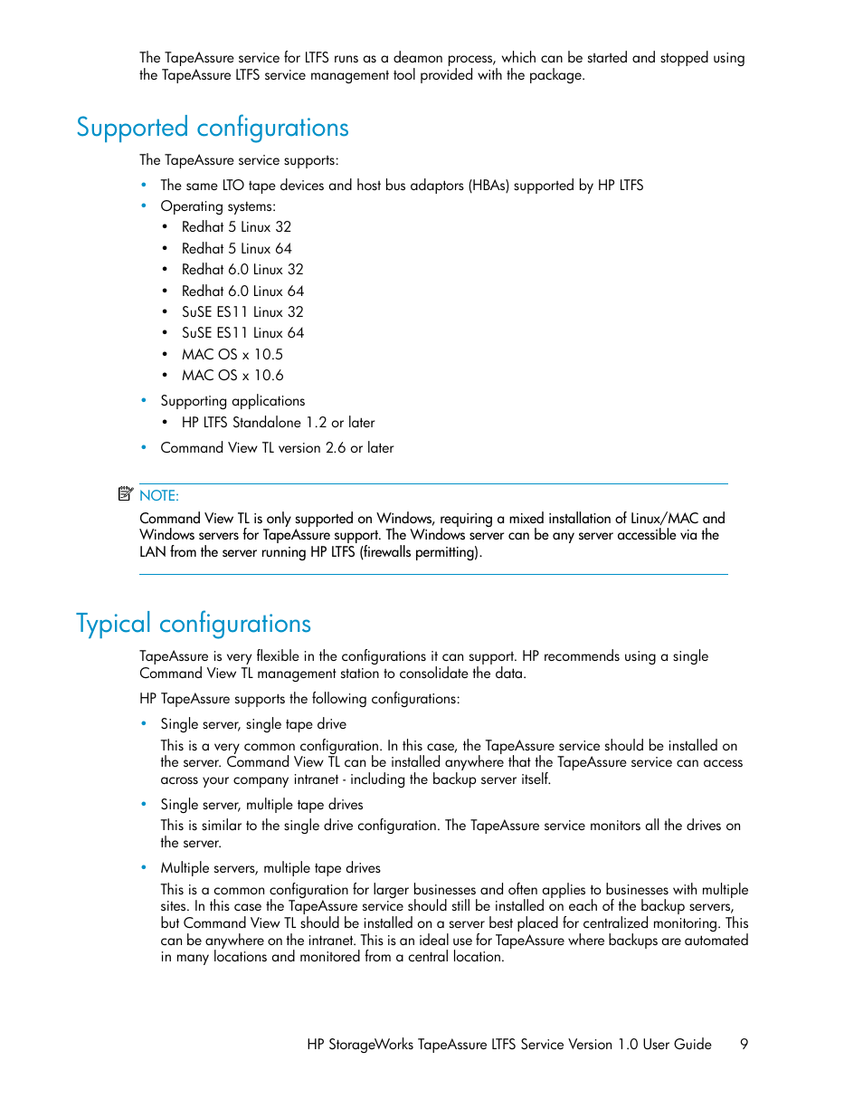 Supported configurations, Typical configurations, 9 typical configurations | HP Linear Tape File System Software User Manual | Page 9 / 36