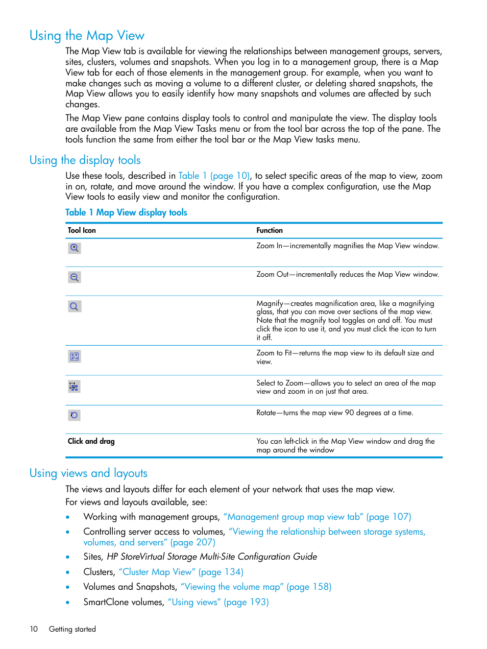 Using the map view, Using the display tools, Using views and layouts | HP LeftHand P4000 SAN Solutions User Manual | Page 10 / 290