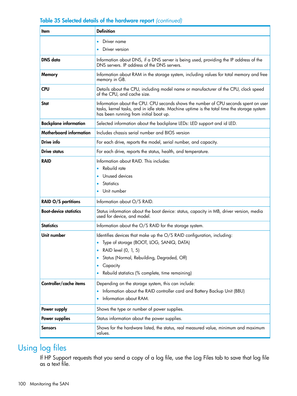 Using log files | HP LeftHand P4000 SAN Solutions User Manual | Page 100 / 290