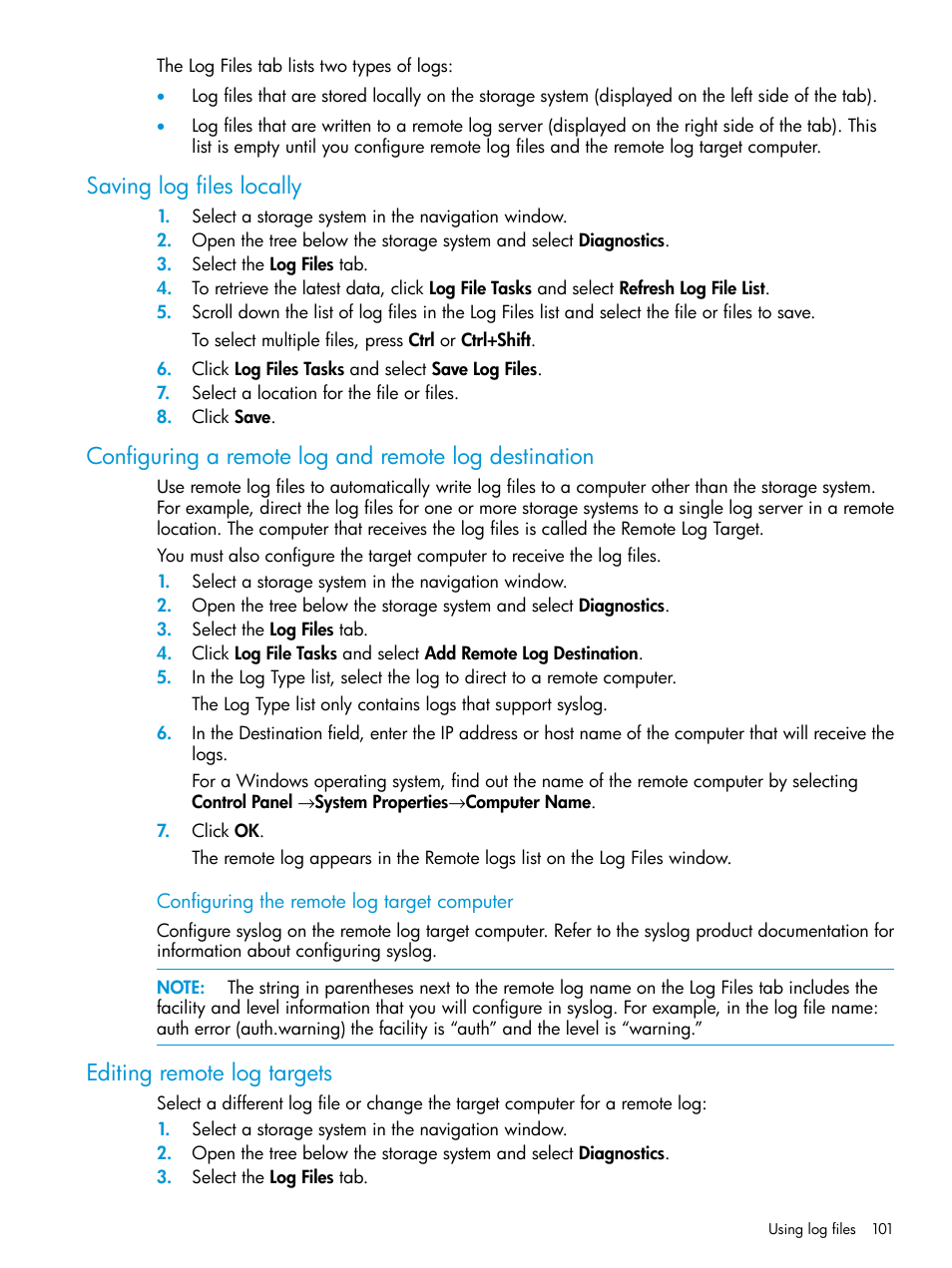 Saving log files locally, Editing remote log targets | HP LeftHand P4000 SAN Solutions User Manual | Page 101 / 290