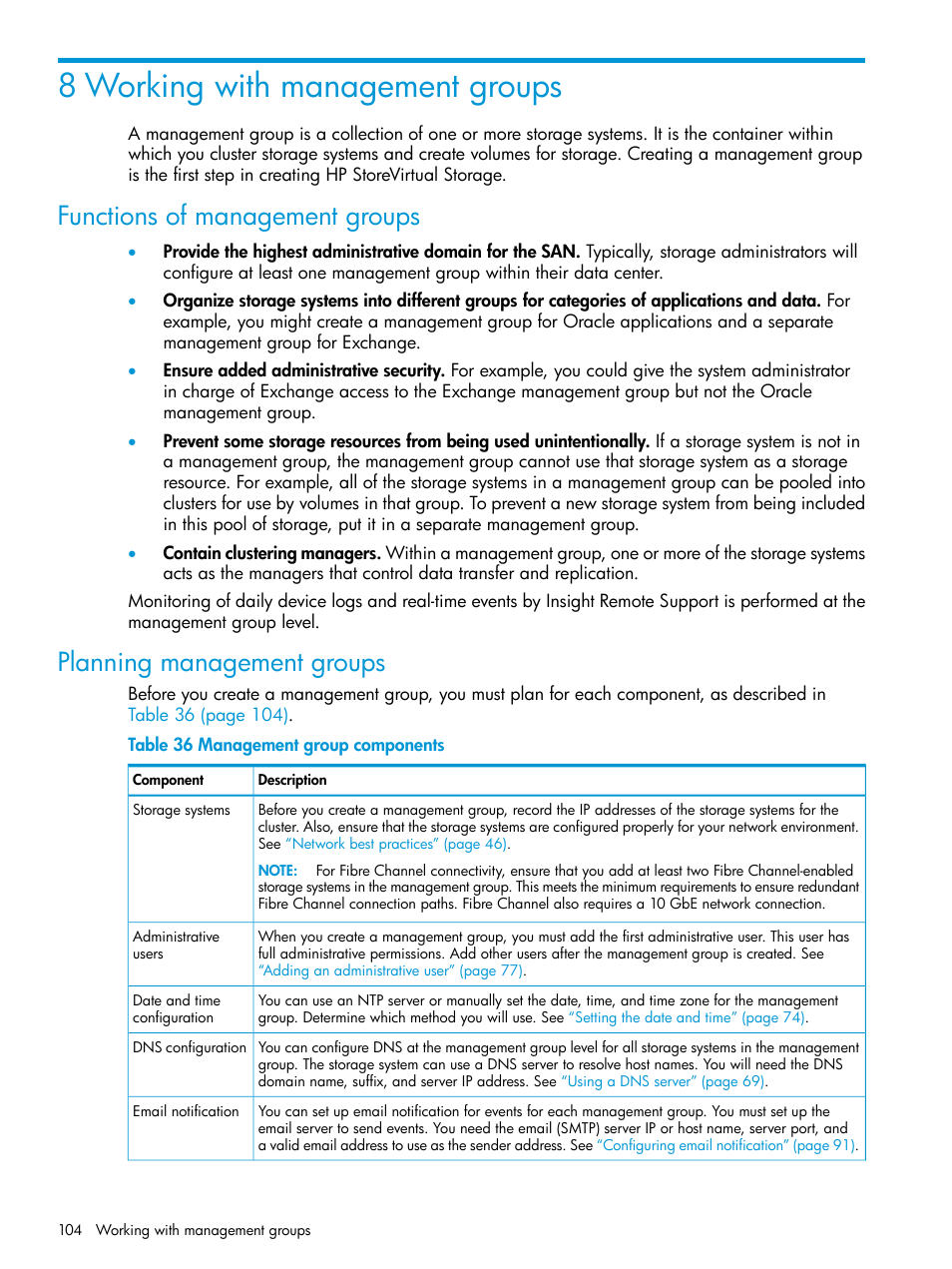 8 working with management groups, Functions of management groups, Planning management groups | HP LeftHand P4000 SAN Solutions User Manual | Page 104 / 290