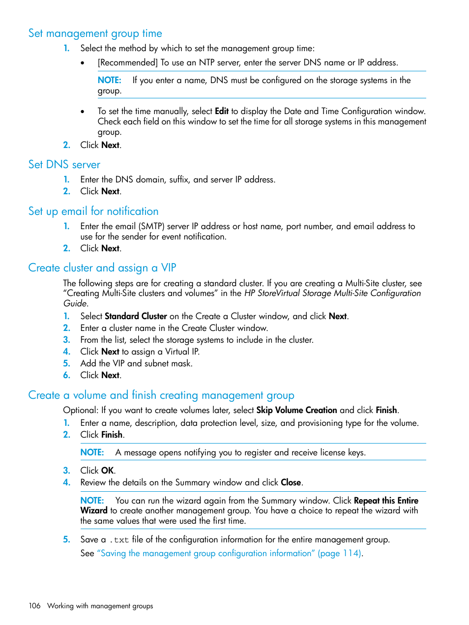 Set management group time, Set dns server, Set up email for notification | Create cluster and assign a vip | HP LeftHand P4000 SAN Solutions User Manual | Page 106 / 290