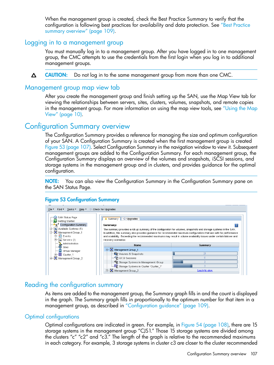 Logging in to a management group, Management group map view tab, Configuration summary overview | Reading the configuration summary, Optimal configurations | HP LeftHand P4000 SAN Solutions User Manual | Page 107 / 290