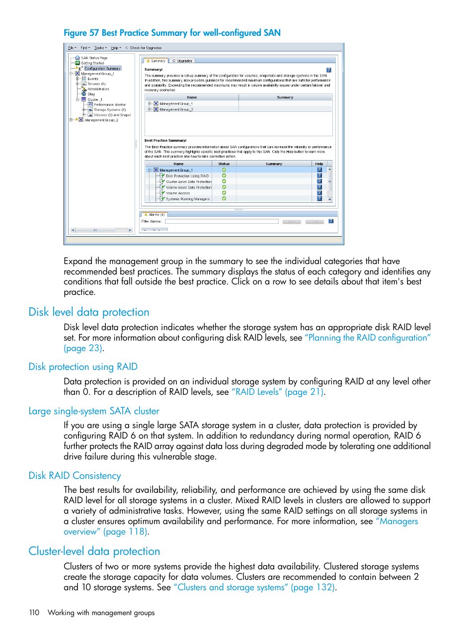 Disk level data protection, Disk protection using raid, Large single-system sata cluster | Disk raid consistency, Cluster-level data protection | HP LeftHand P4000 SAN Solutions User Manual | Page 110 / 290