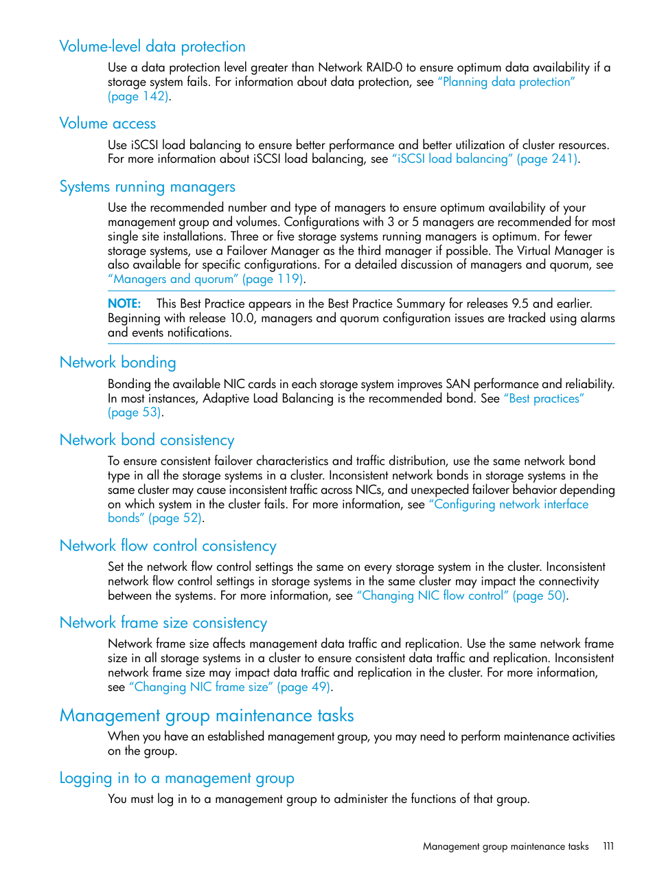 Volume-level data protection, Volume access, Systems running managers | Network bonding, Network bond consistency, Network flow control consistency, Network frame size consistency, Management group maintenance tasks, Logging in to a management group | HP LeftHand P4000 SAN Solutions User Manual | Page 111 / 290