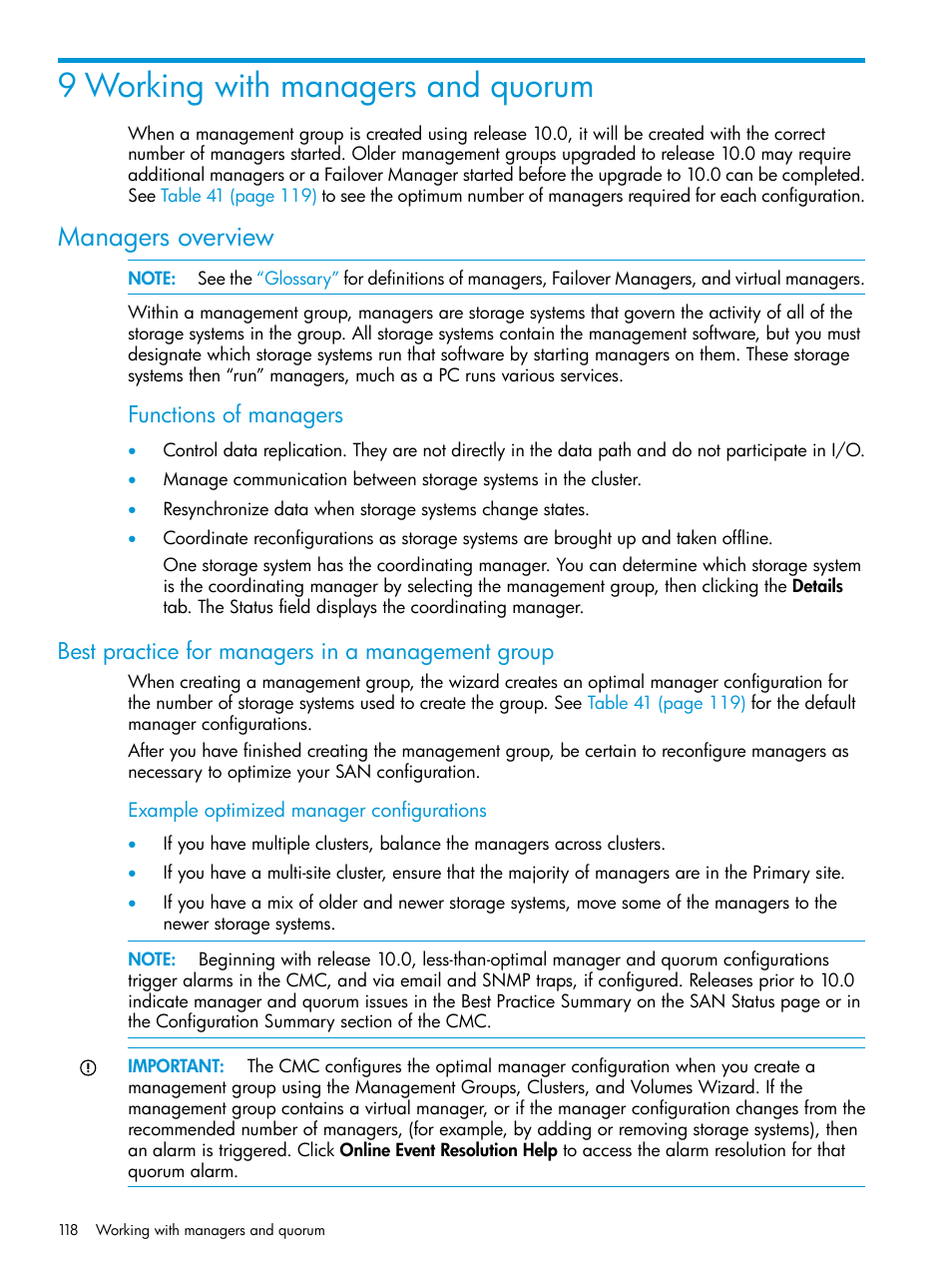 9 working with managers and quorum, Managers overview, Best practice for managers in a management group | Managers, Functions of managers | HP LeftHand P4000 SAN Solutions User Manual | Page 118 / 290
