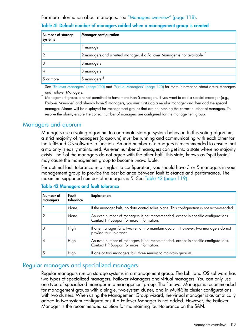 Managers and quorum, Regular managers and specialized managers | HP LeftHand P4000 SAN Solutions User Manual | Page 119 / 290