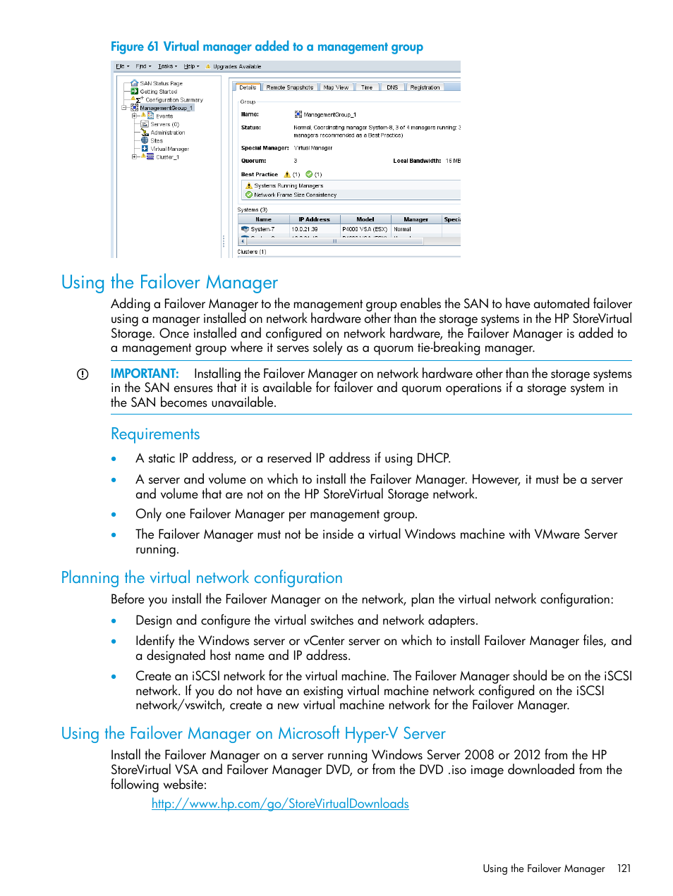 Using the failover manager, Planning the virtual network configuration, Requirements | HP LeftHand P4000 SAN Solutions User Manual | Page 121 / 290