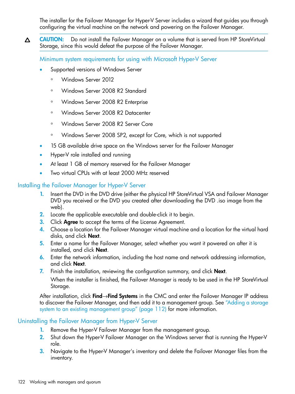 Installing the failover manager for hyper-v server | HP LeftHand P4000 SAN Solutions User Manual | Page 122 / 290