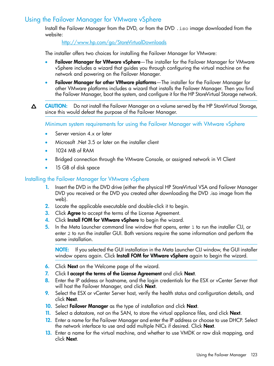 Using the failover manager for vmware vsphere, Installing the failover manager for vmware vsphere | HP LeftHand P4000 SAN Solutions User Manual | Page 123 / 290