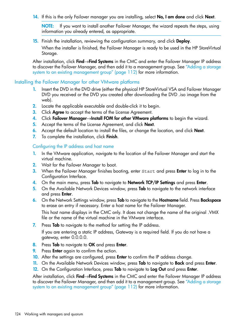 Configuring the ip address and host name | HP LeftHand P4000 SAN Solutions User Manual | Page 124 / 290