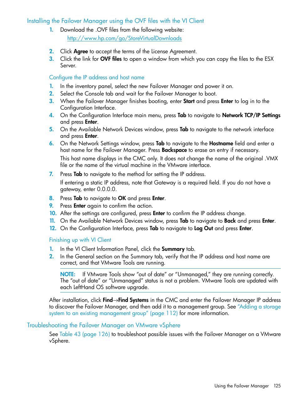 Configure the ip address and host name, Finishing up with vi client | HP LeftHand P4000 SAN Solutions User Manual | Page 125 / 290