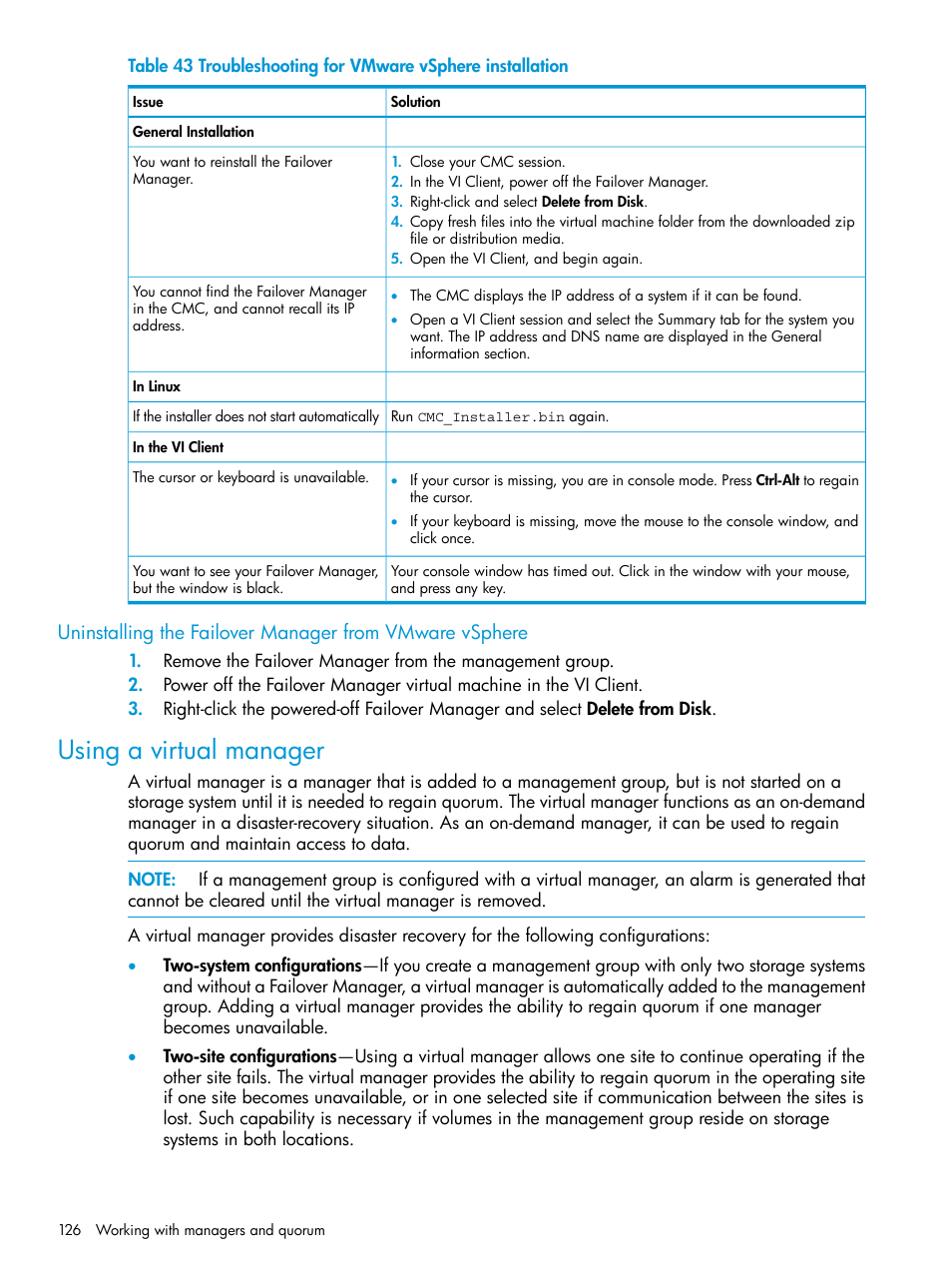 Using a virtual manager | HP LeftHand P4000 SAN Solutions User Manual | Page 126 / 290