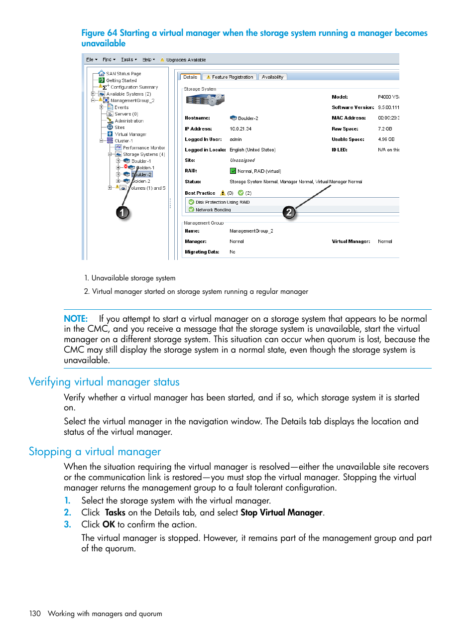 Verifying virtual manager status, Stopping a virtual manager | HP LeftHand P4000 SAN Solutions User Manual | Page 130 / 290