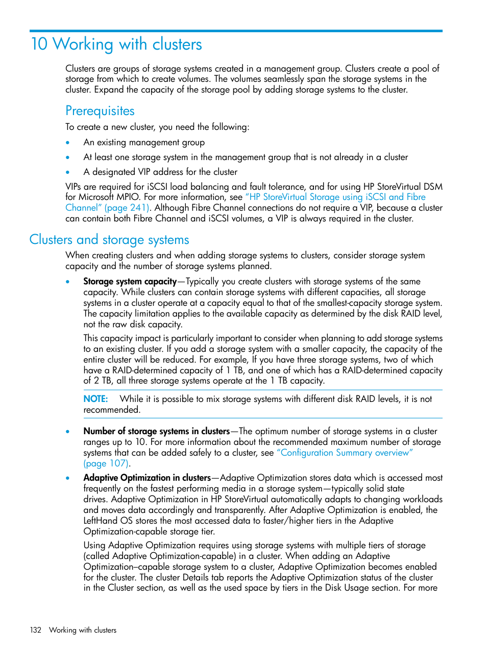 10 working with clusters, Clusters and storage systems, Prerequisites | HP LeftHand P4000 SAN Solutions User Manual | Page 132 / 290