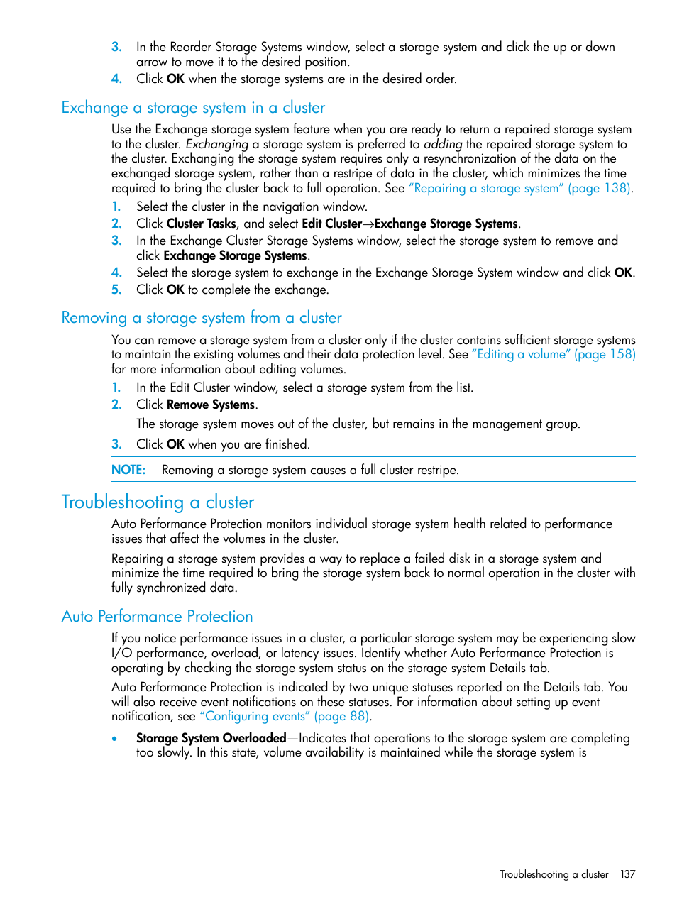 Exchange a storage system in a cluster, Removing a storage system from a cluster, Troubleshooting a cluster | Auto performance protection | HP LeftHand P4000 SAN Solutions User Manual | Page 137 / 290