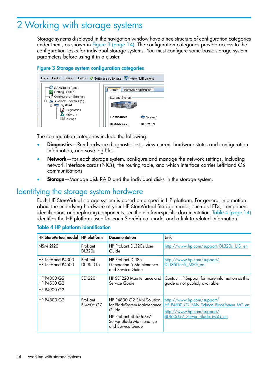 2 working with storage systems, Identifying the storage system hardware | HP LeftHand P4000 SAN Solutions User Manual | Page 14 / 290